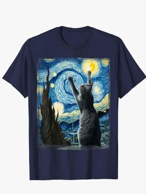 Van Gogh Starry Night Style Russian Blue Cat Artistic Tee Shirt